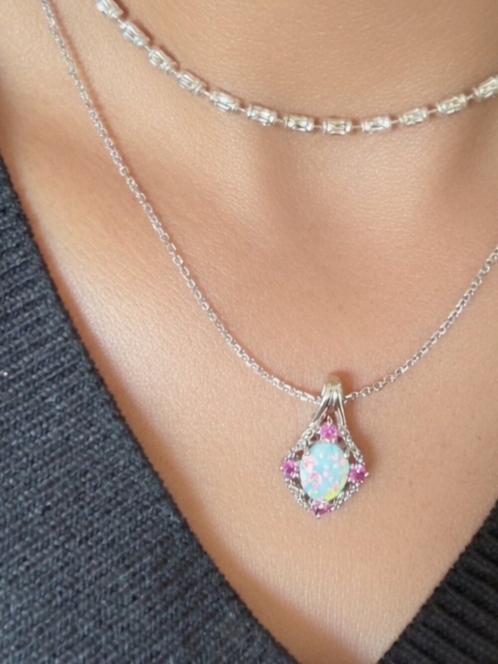 Opal & Pink Stone Halo Pendant✨925 Sterling Silver Necklace
